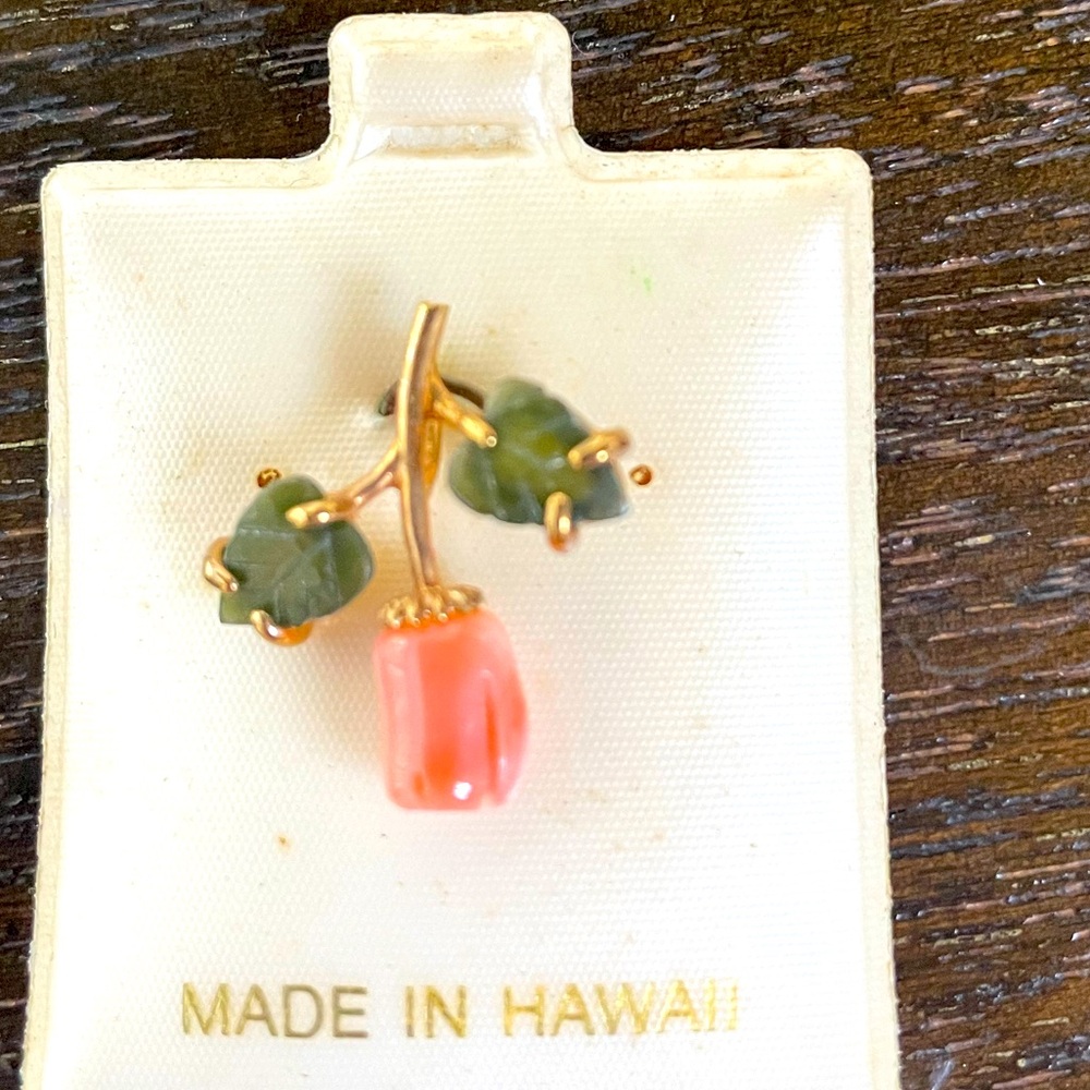 Hawaiian Coral and Green Leaf Pendant